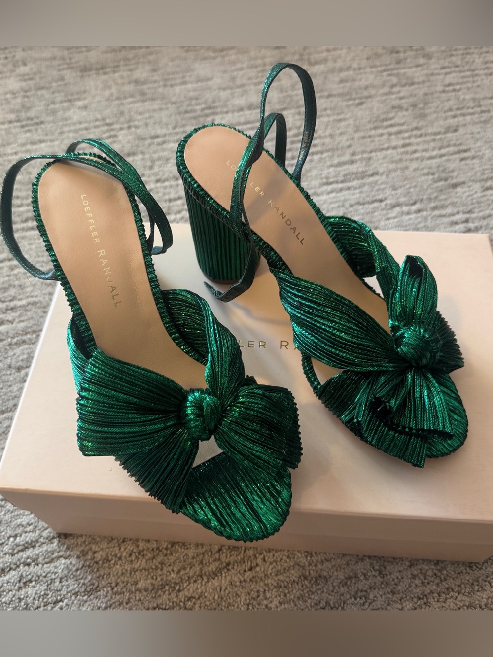 Loeffler Randall Metallic Green Peep Toe Bow Block Heels 7.5